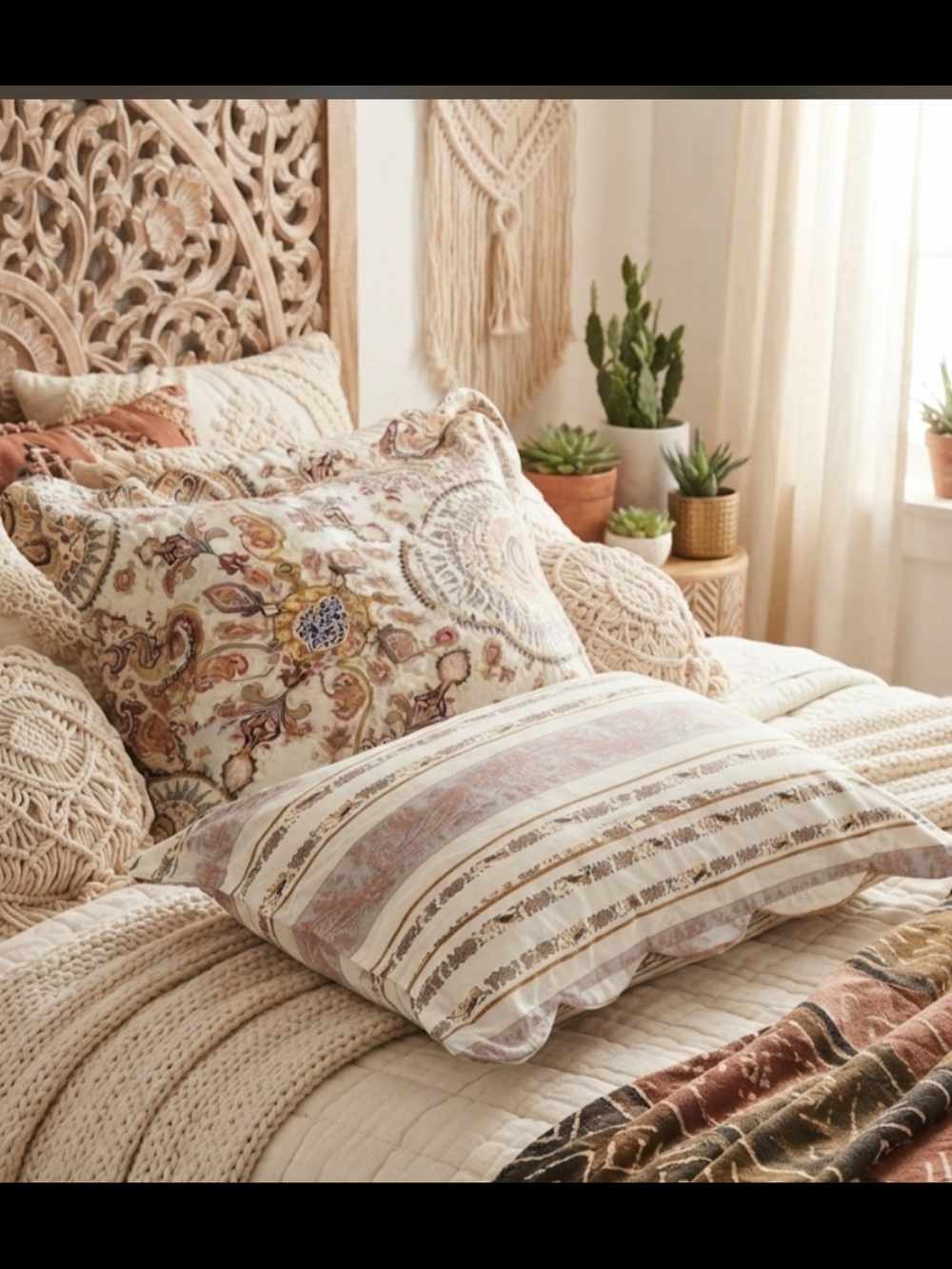 Boho Paisley & Stripe Decorative Pillow Cover - Cream and Rust